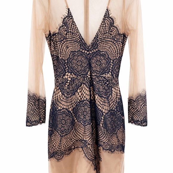 For Love And Lemons Black Lace Mini Dress with Nude Slip - Picture 2 of 9